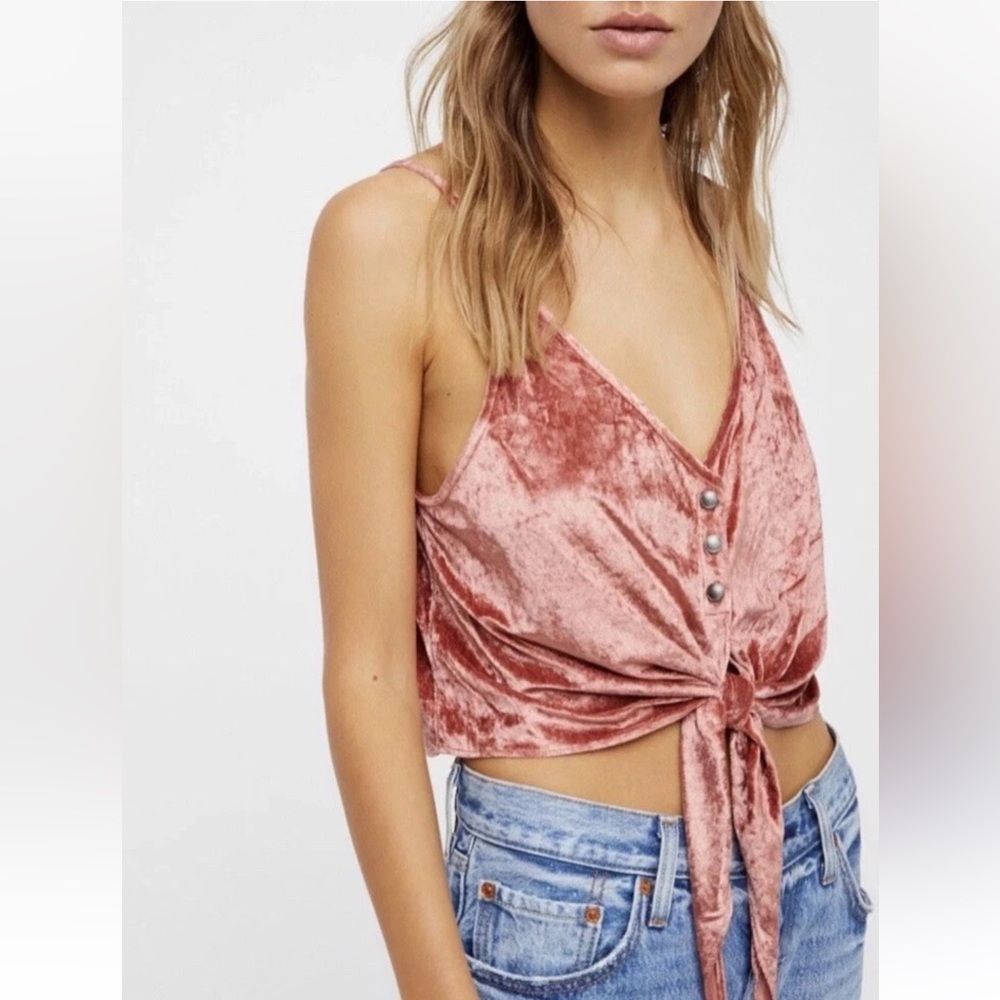 Free People Intimately Mauve Pink Velvet Cropped V-Neck Button Tie Front Size XS